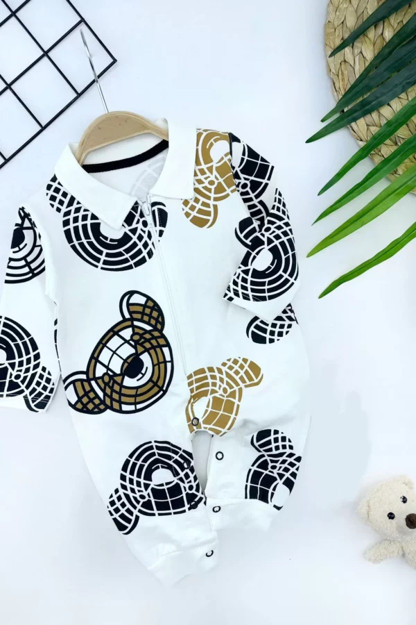 3-6-9-12 Ay Ayıcık Baskılı Boydan Fermuarlı Yakalı Uzun Kollu Kız Erkek Bebek Tulumu Beyaz