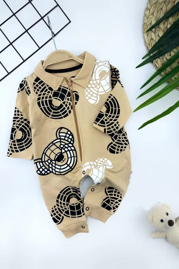 3-6-9-12 Ay Ayıcık Baskılı Boydan Fermuarlı Yakalı Uzun Kollu Kız Erkek Bebek Tulumu Bej