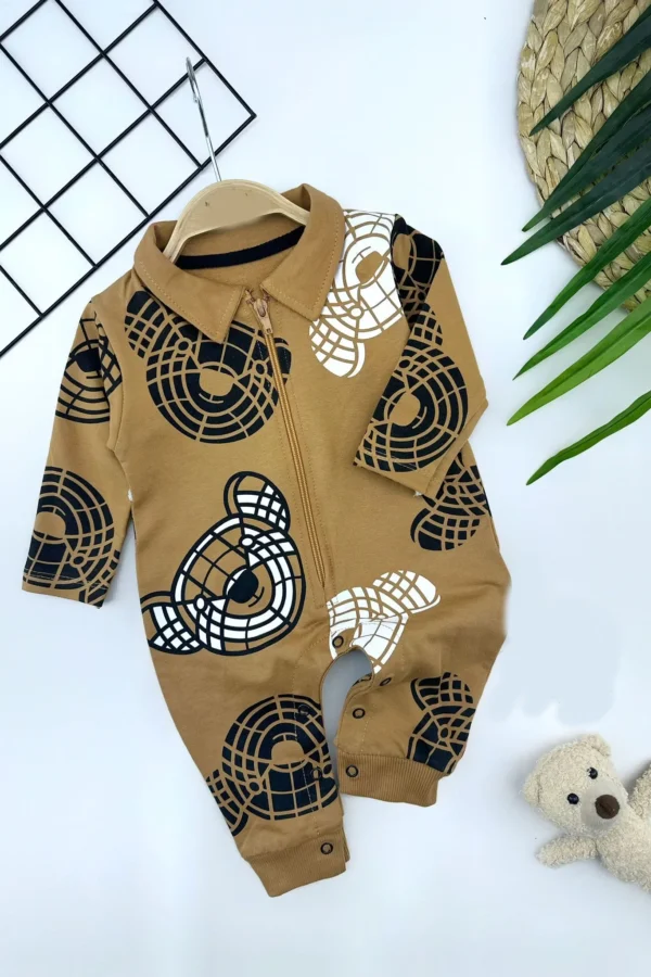 3-6-9-12 Ay Ayıcık Baskılı Boydan Fermuarlı Yakalı Uzun Kollu Kız Erkek Bebek Tulumu Kahverengi