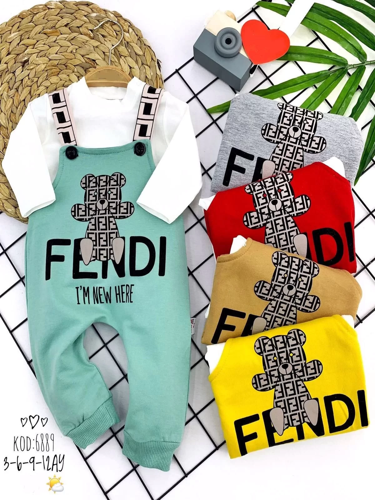 3-6-9-12 Ay Ayıcık Baskılı Düğmeli Uzun Kollu 2li Kız Erkek Bebek Salopet Takımı