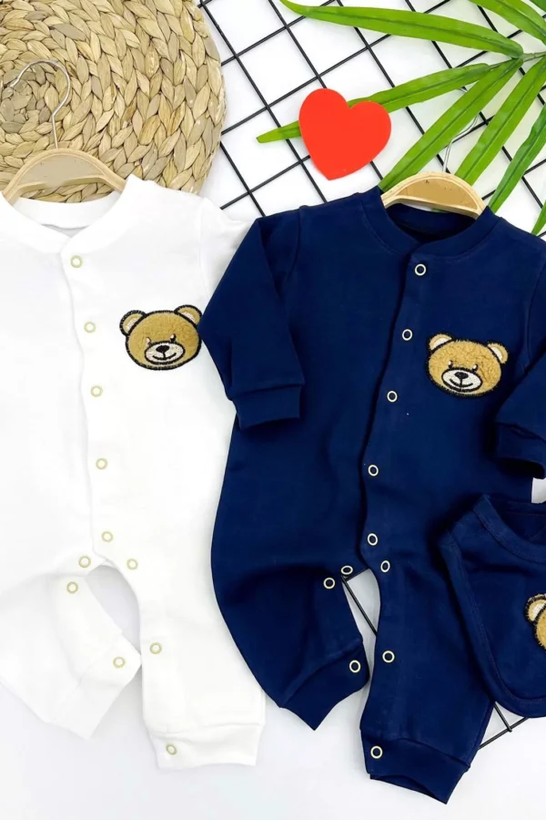 3-6-9-12 Ay Ayıcık Nakışlı Önlüklü Çıt Çıt Kapama Kız Erkek Bebek Tulumu Lacivert