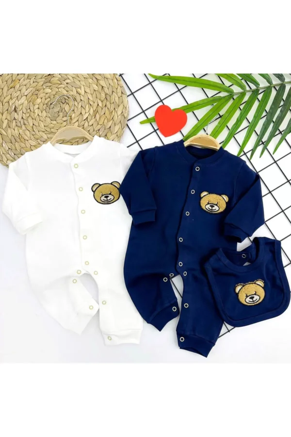 3-6-9-12 Ay Ayıcık Nakışlı Önlüklü Çıt Çıt Kapama Kız Erkek Bebek Tulumu Beyaz