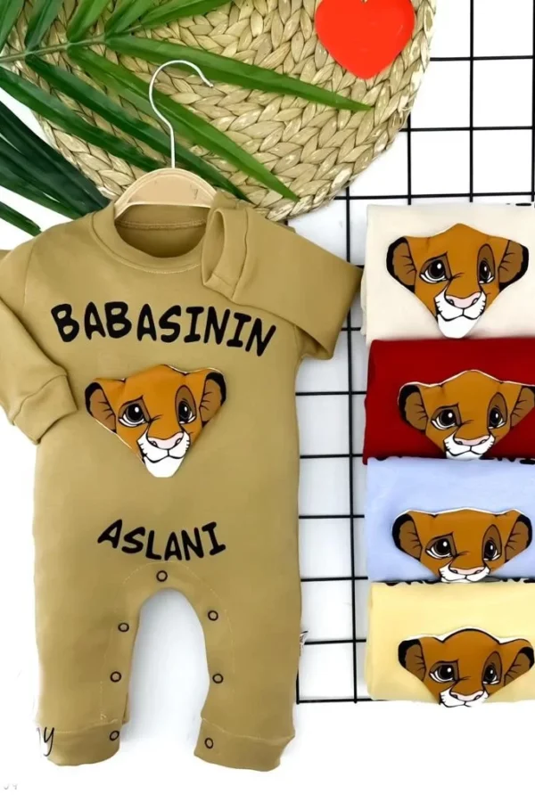 3-6-9-12 Ay Babasının Aslanı Baskılı Uzun Kollu Erkek Bebek Tulumu Hardal
