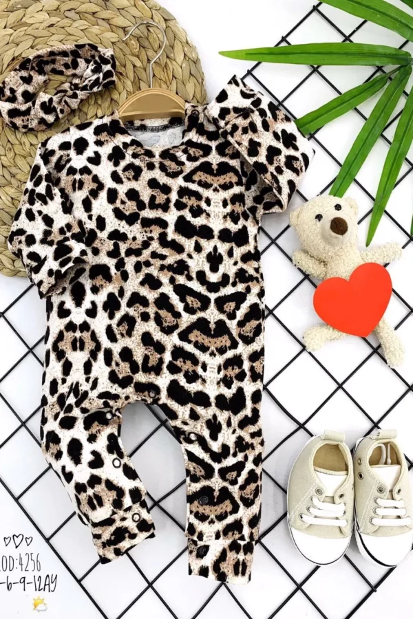 3-6-9-12 Ay Bandajlı Leopar Baskılı Uzun Kollu Kız Bebek Tulumu Kahverengi