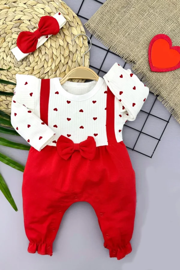 3-6-9-12 Ay Bandanalı Fiyonk Detaylı Salopet Görünümlü 2li Kız Bebek Tulumu Kırmızı
