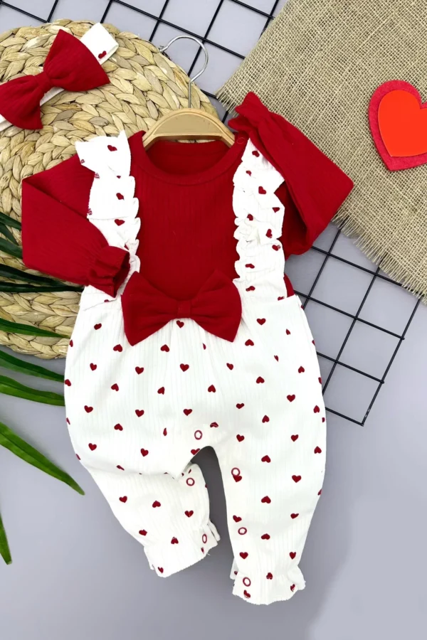 3-6-9-12 Ay Bandanalı Fiyonk Detaylı Salopet Görünümlü Kalp Desenli 2li Kız Bebek Tulumu Kırmızı