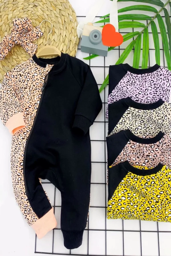 3-6-9-12 Ay Bandanalı Leopar Desenlı Fermuar Kapama Kız Bebek Tulumu Bej