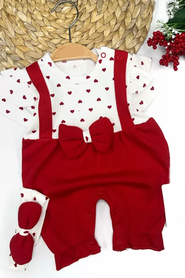 3-6-9-12 Ay Bandanalı Piti Kalp Baskılı Salopet Görünümlü 2li Kız Bebek Takımı