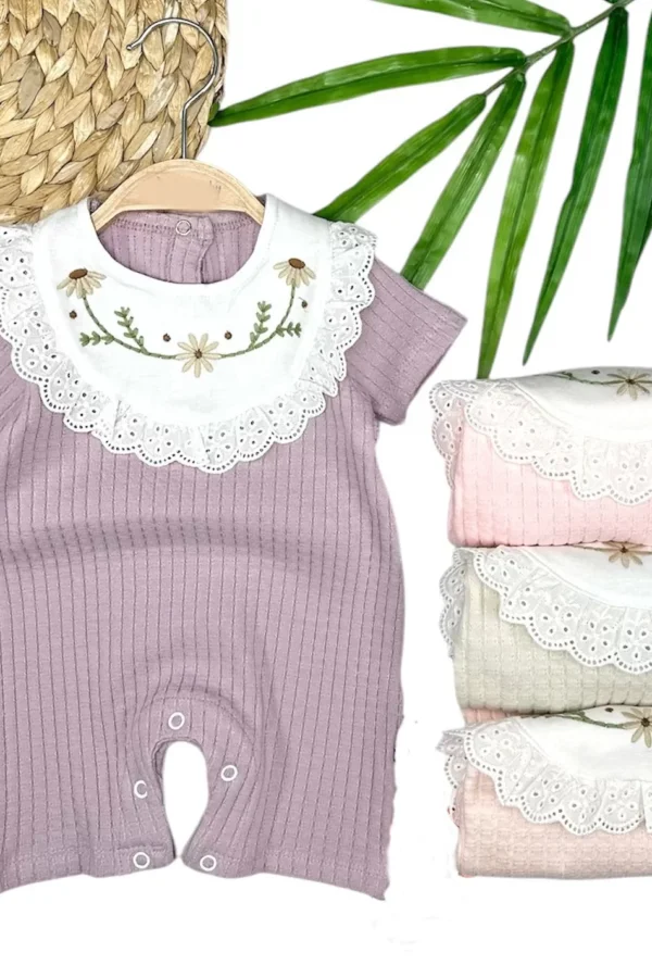 3-6-9-12 Ay Bebe Yaka Çiçek Nakışlı Pamuklu Petek Penye Yazlık Kız Bebek Tulumu