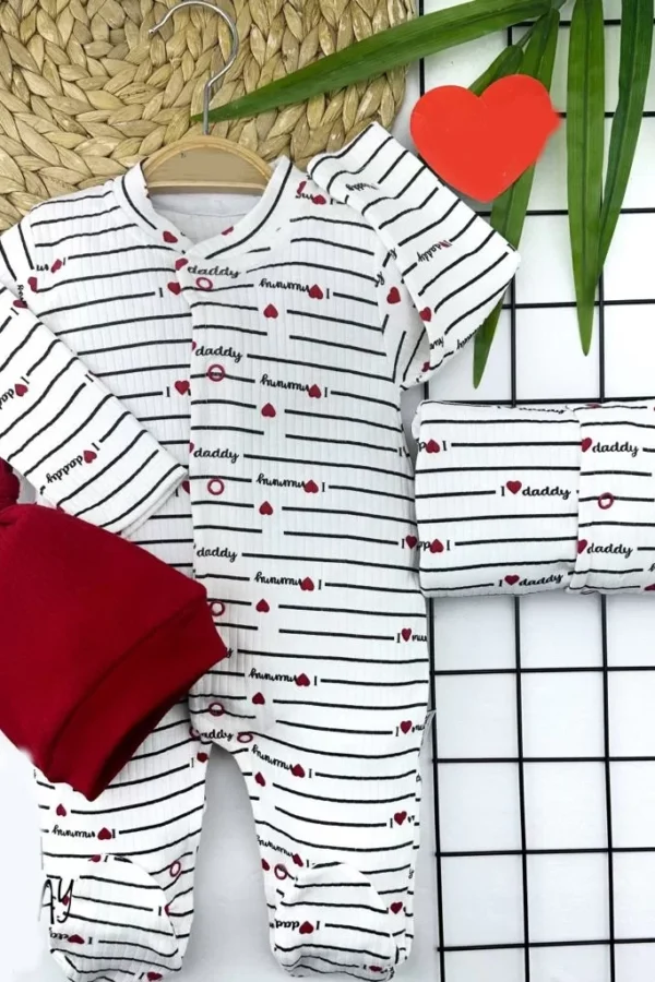 3-6-9-12 Ay Boydan Çıtçıtlı Şapkalı Uzun Kollu Kız Erkek Bebek Tulumu Beyaz