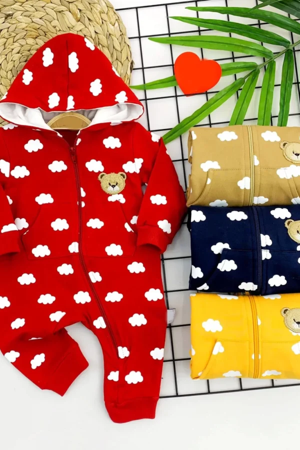 3-6-9-12 Ay Bulut Baskılı Boy Fermuar Kapşonlu Kız Erkek Bebek Tulum Lacivert