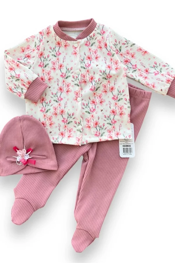 3-6-9-12 Ay Çiçek Baskılı Şapkalı Çıtçıt Kapamalı Patikli 3lü Kız Bebek Takımı Gül Kurusu