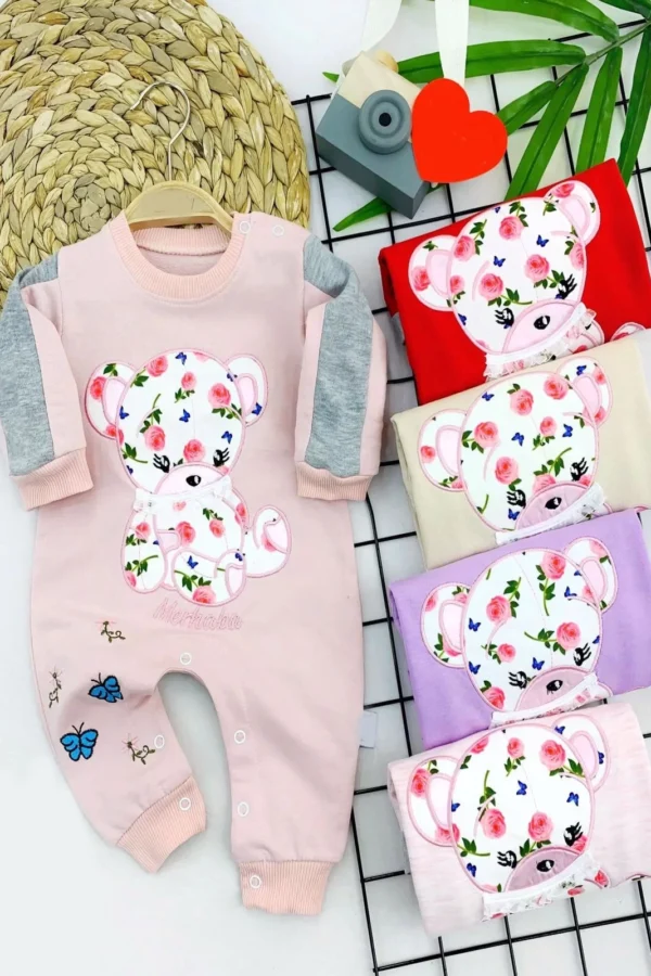 3-6-9-12 Ay Çiçekli Ayıcık Nakışlı Çıt Çıt Kapama Uzun Kollu Kız Bebek Tulumu Krem