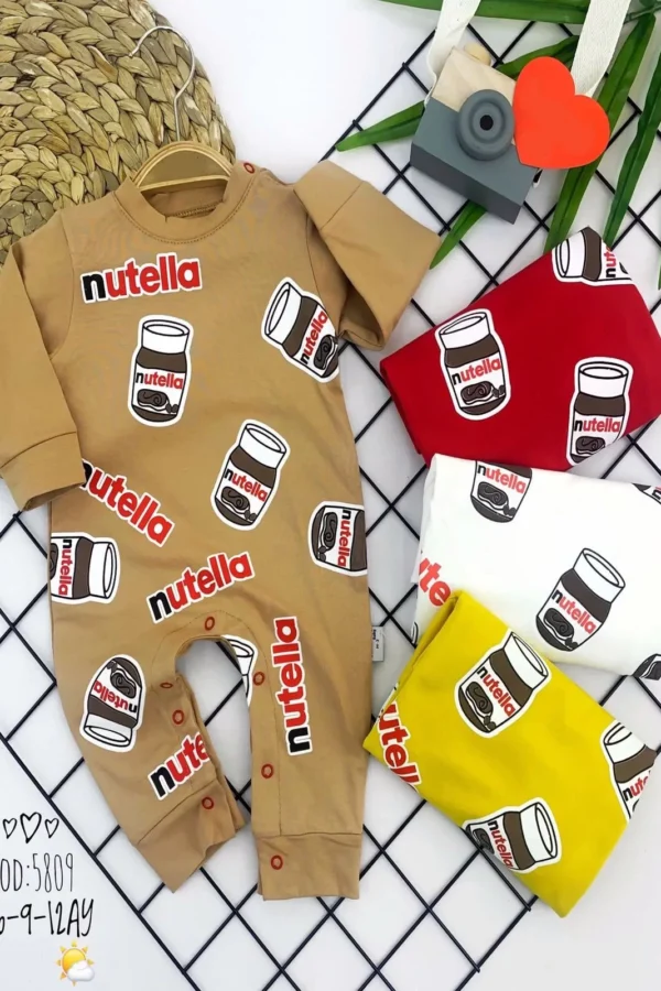 3-6-9-12 Ay Çikolatam Bebeğim Baskılı Uzun Kollu Kız Erkek Bebek Tulumu Bej