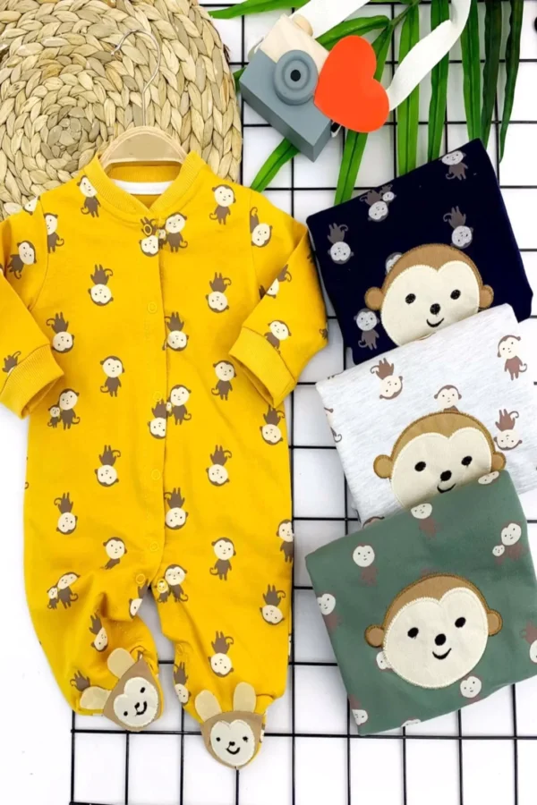 3-6-9-12 Ay Çıt Çıt Kapamalı Maymuncuk Desen Kız Erkek Bebek Tulumu Gri