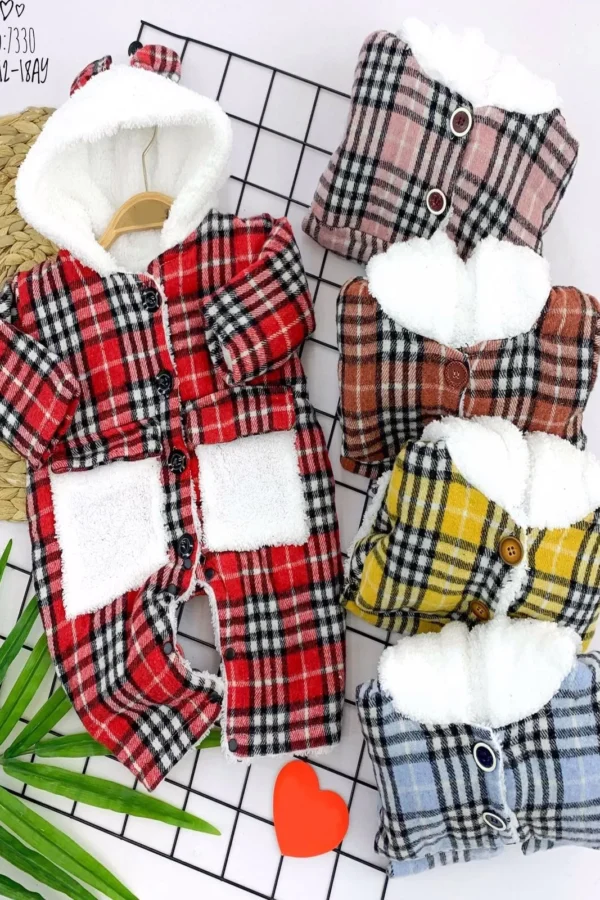 3-6-9-12 Ay Ekose Desenli İçi Kuzulu Düğme Kapamalı Kulaklı Kapşonlu Kız Erkek Bebek Tulumu Kırmızı