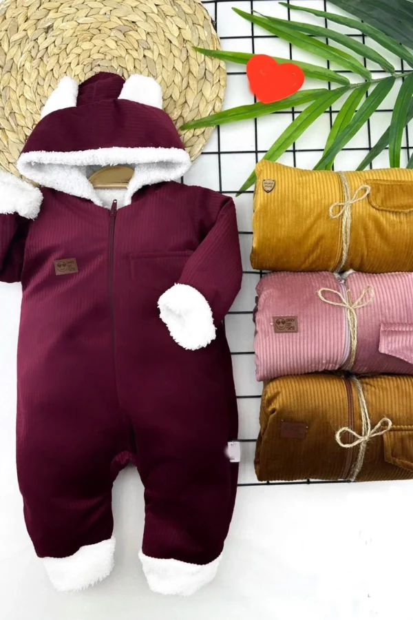 3-6-9-12 Ay Fermuar Kapamalı Kadife Kumaş İçi Tüylü Kız Erkek Bebek Tulumu Bordo