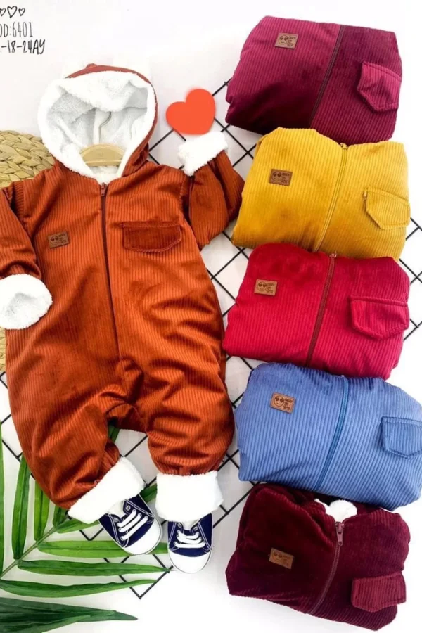 3-6-9-12 Ay Fermuar Kapamalı Kadife Kumaş İçi Tüylü Kız Erkek Bebek Tulumu Kahverengi