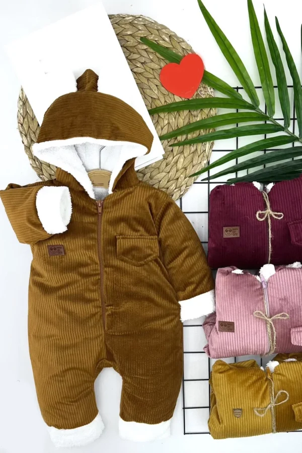 3-6-9-12 Ay Fermuar Kapamalı Kadife Kumaş İçi Tüylü Kız Erkek Bebek Tulumu Bej