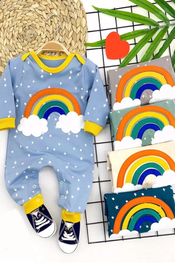 3-6-9-12 Ay Gökkuşağı Nakışlı Çıt Çıt Kapama Uzun Kollu Kız Erkek Bebek Tulumu Krem