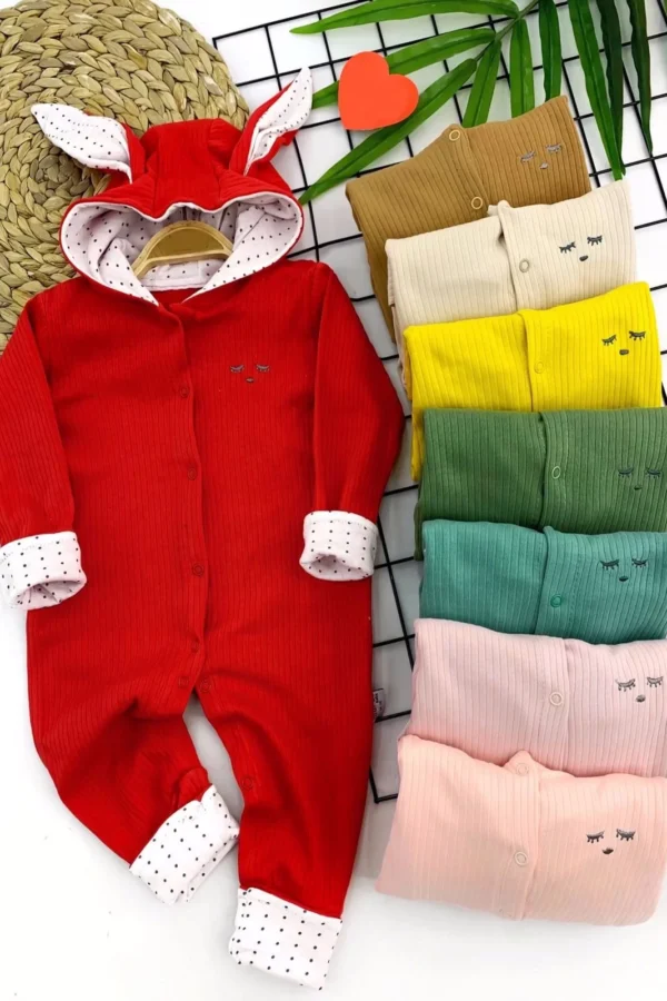 3-6-9-12 Ay Gülen Yüz Armalı Kulaklı Kapşonlu Boydan Çıtçıt Kapamalı Kız Erkek Bebek Tulumu Kahverengi