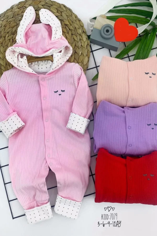 3-6-9-12 Ay Gülen Yüz Armalı Kulaklı Kapşonlu Boydan Çıtçıt Kapamalı Kız Erkek Bebek Tulumu Pembe