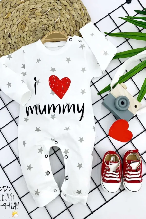 3-6-9-12 Ay Gümüş Yıldız I Love Mummy Baskılı Uzun Kollu Kız Erkek Bebek Tulumu Beyaz