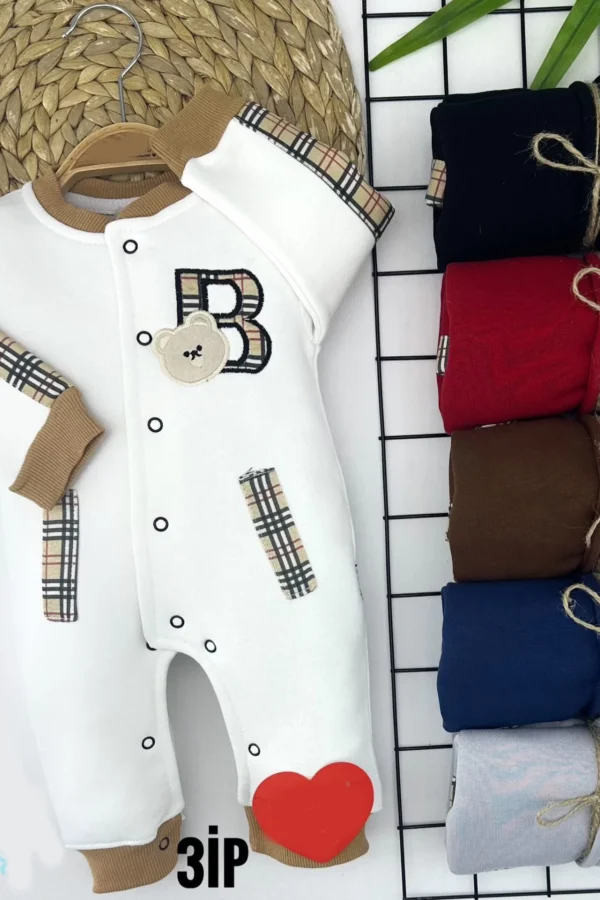 3-6-9-12 Ay Harf Ayıcık Nakışlı Şeritli Boydan Ve Alttan Çıtçıtlı Uzun Kollu Kız Erkek Bebek Tulumu Mavi