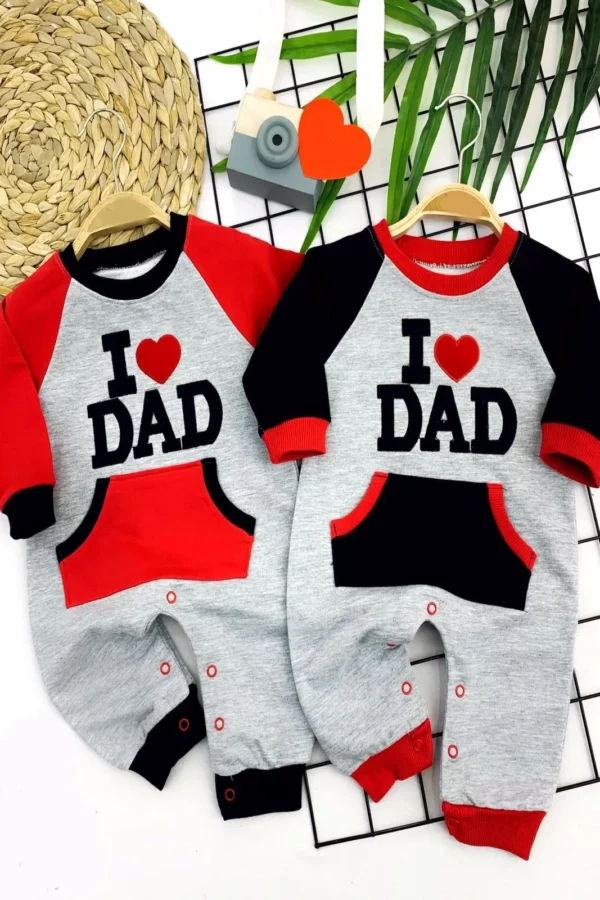 3-6-9-12 Ay I Love Dad Baskılı Cepli Kız Erkek Bebek Tulum Lacivert