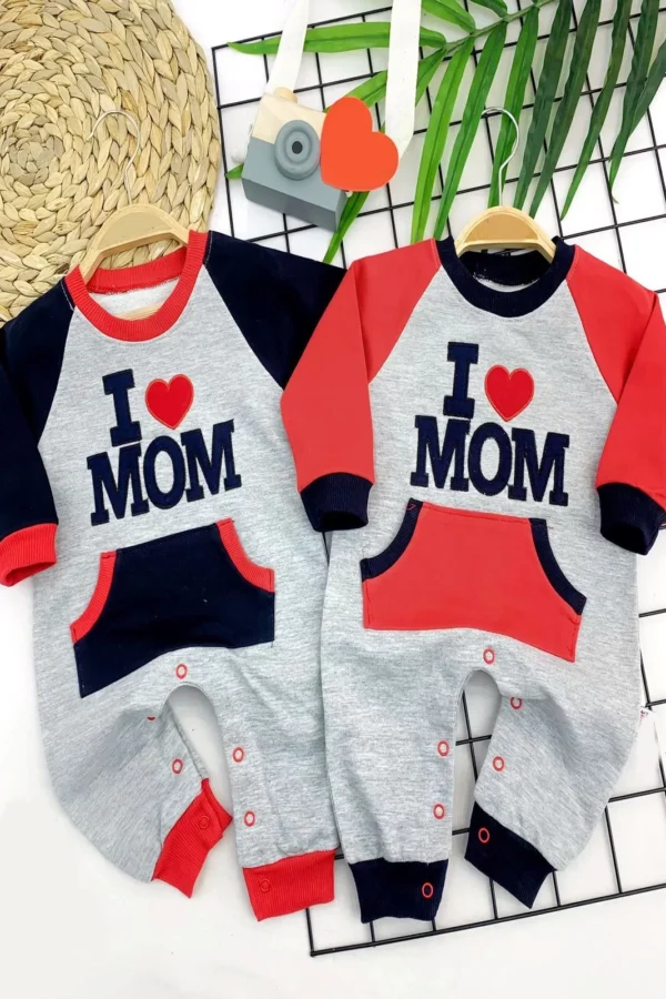 3-6-9-12 Ay I Love Mom Baskılı Cepli Kız Erkek Bebek Tulum Kırmızı