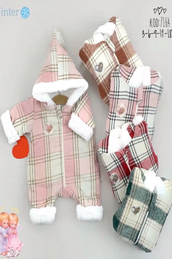 3-6-9-12 Ay İçi Kuzulu Boydan Fermuarlı Kapşonlu Ekose Kız Bebek Tulumu Gül Kurusu