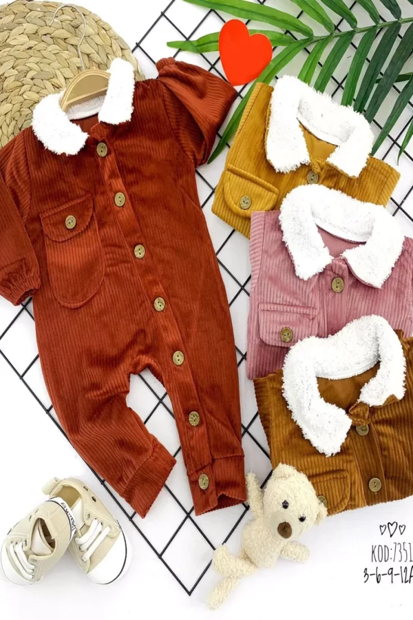 3-6-9-12 Ay İçi Kuzulu Ef Boy Düğme Kapamalı Tek Cep Erkek Bebek Tulumu Kahverengi