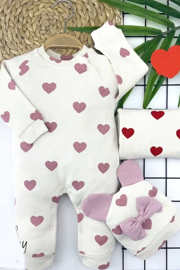 3-6-9-12 Ay Kalp Baskılı Yaka Çıtçıtlı Kulaklı Şapkalı Uzun Kollu Kız Bebek Tulumu Pembe-ekru