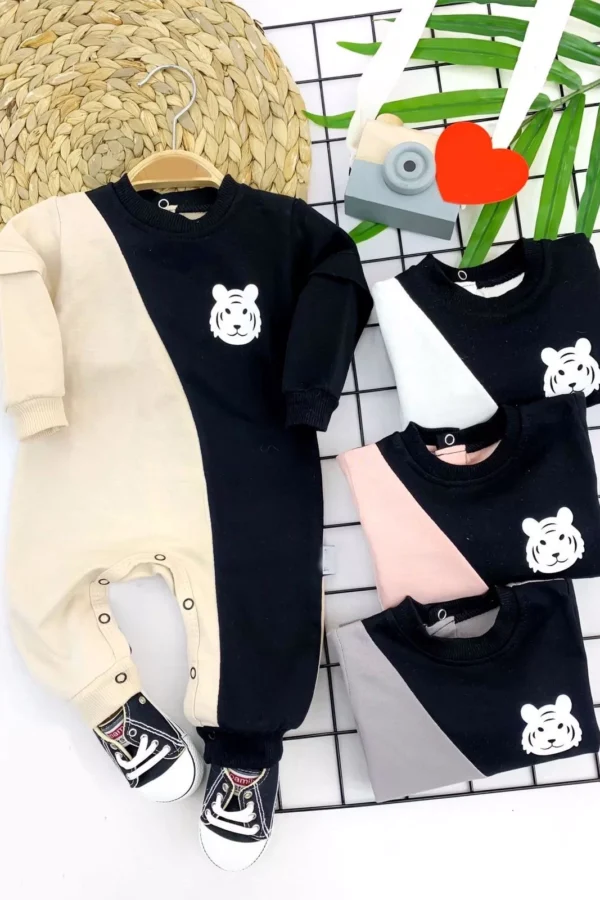 3-6-9-12 Ay Kaplan Armalı Çıt Çıt Kapama Kız Erkek Bebek Tulum Gri