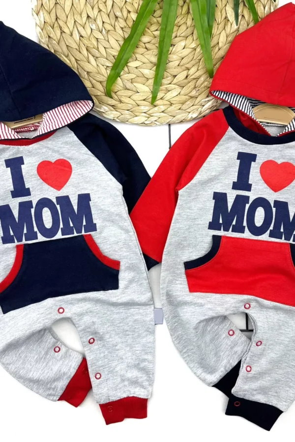 3-6-9-12 Ay Kapşonlu Annemi Seviyorum Nakışlı Uzun Kollu Kız Erkek Bebek Tulumu(kırmızı) Kırmızı