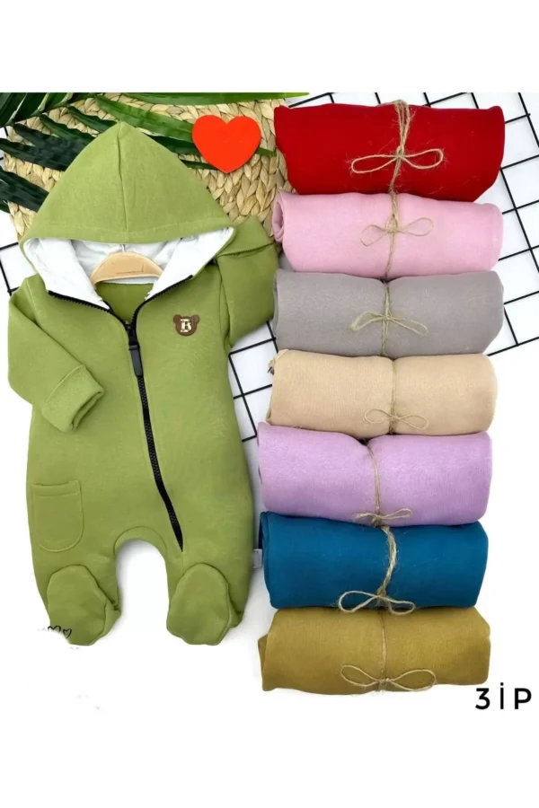 3-6-9-12 Ay Kapşonlu Ef Boy Fermuarlı Tek Cepli Ayıcık Armalı Uzun Kollu Kız Erkek Bebek Tulumu Krem