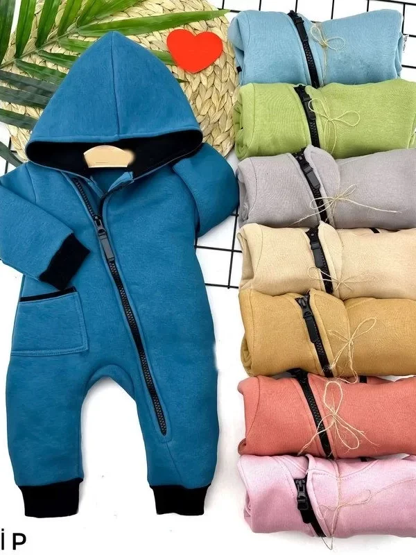3-6-9-12 Ay Kapşonlu Ef Boy Fermuarlı Tek Cepli Uzun Kollu Kız Erkek Bebek Tulumu Gri