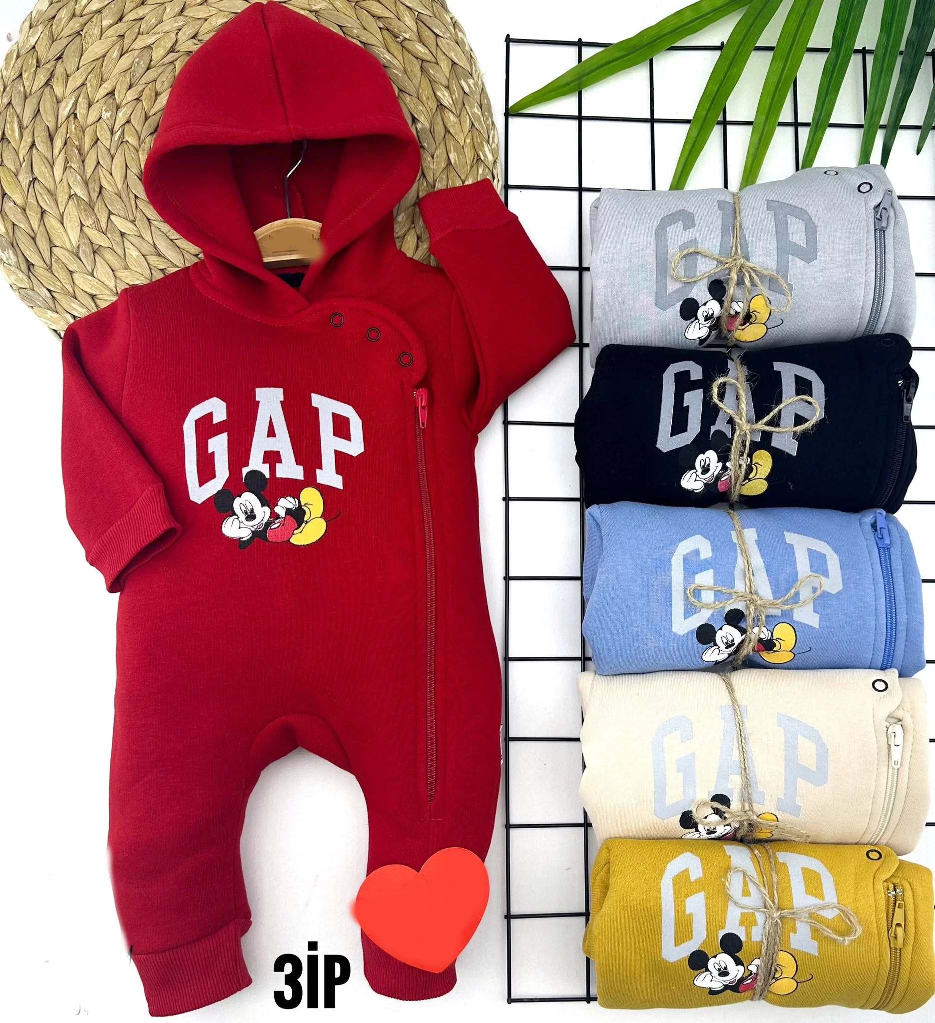 3-6-9-12 Ay Kapşonlu Yaka Çıtçıtlı Boydan Fermuar Kapamalı Uzun Kollu Kız Erkek Bebek Tulumu