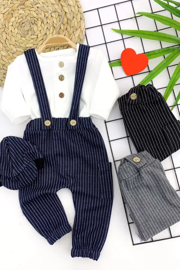 3-6-9-12 Ay Kasketli Çizgi Desenli 3lü Erkek Bebek Salopet Takımı Lacivert