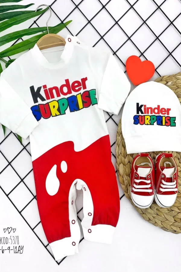 3-6-9-12 Ay Kinder Surprise Baskılı Çıtçıt Kapamalı Şapkalı 2li Kız Erkek Bebek Tulumu Ekru