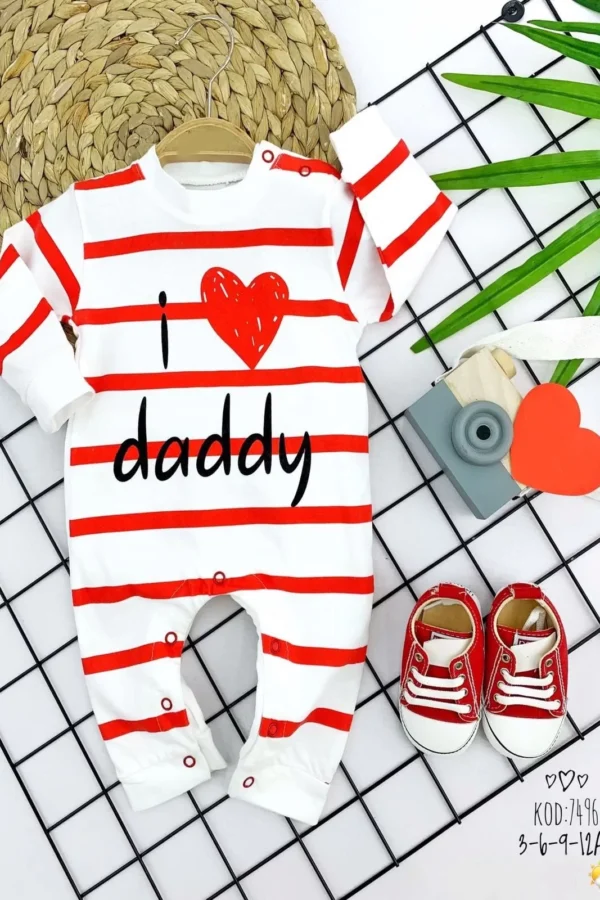 3-6-9-12 Ay Kırmızı Çizgili I Love Daddy Baskılı Uzun Kollu Kız Erkek Bebek Tulumu Beyaz