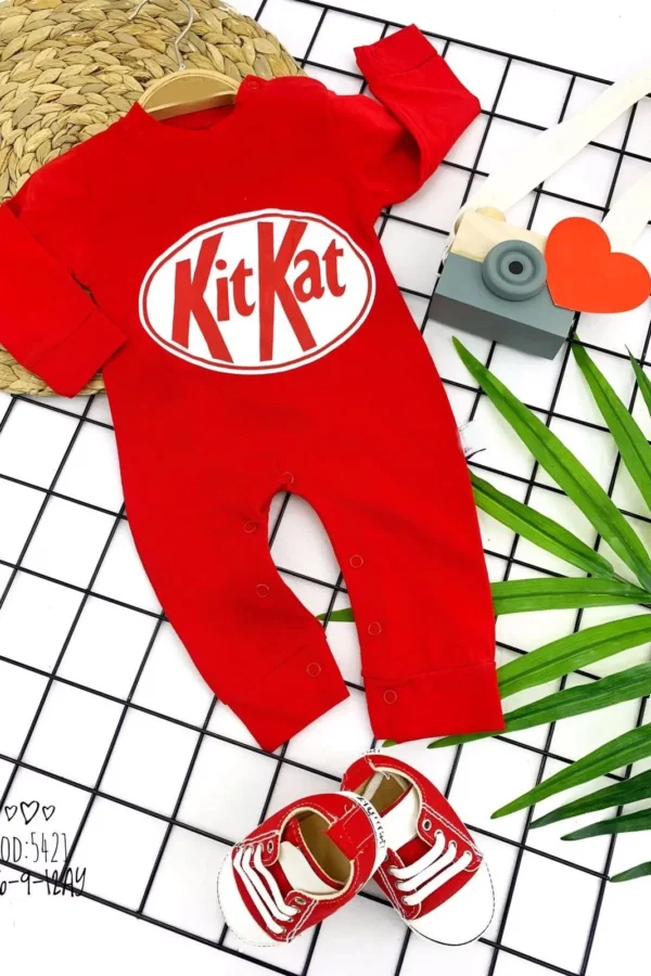 3-6-9-12 Ay Kitkat Çikolatam Baskılı Uzun Kollu Kız Erkek Bebek Tulumu Kırmızı