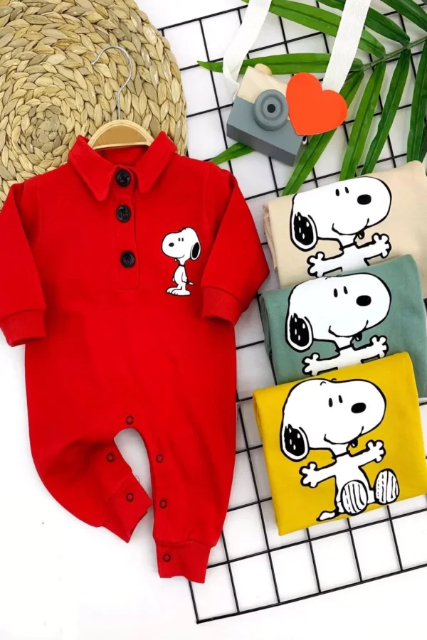 3-6-9-12 Ay Köpek Baskılı Düğmeli Yakalı Kız Erkek Bebek Tulumu Sarı