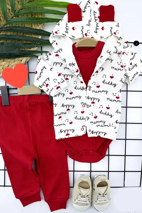 3-6-9-12 Ay Kulak Kapşonlu Ceket Zıbınlı 3lü Kız Bebek Takımı Kırmızı