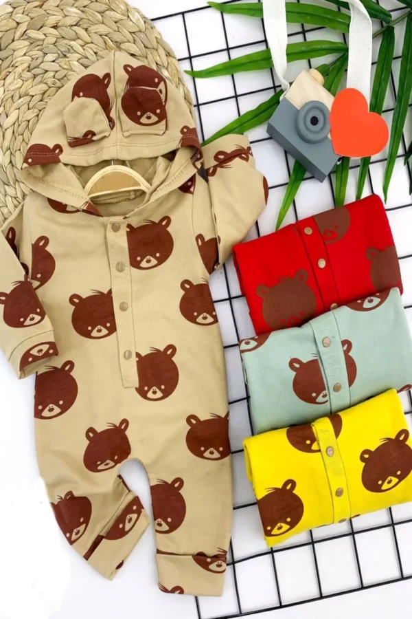 3-6-9-12 Ay Kulaklı Kapşon Düğme Detaylı Kız Erkek Bebek Tulumu Bej