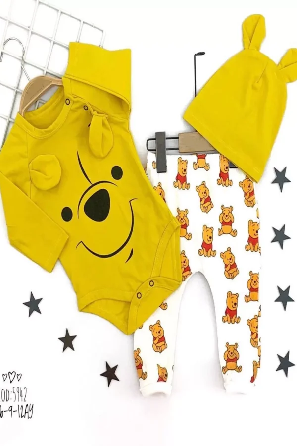 3-6-9-12 Ay Kulaklı Şapka Ayıcık Desenli Zıbınlı 3lü Kız Erkek Bebek Takımı Sarı