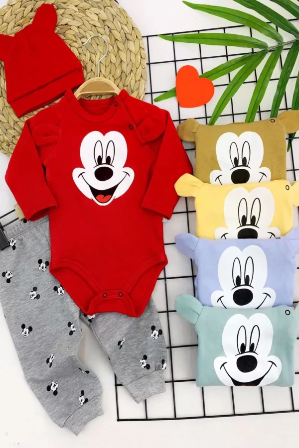 3-6-9-12 Ay Kulaklı Şapka Baskılı Body 3lü Kız Erkek Bebek Takımı Sarı