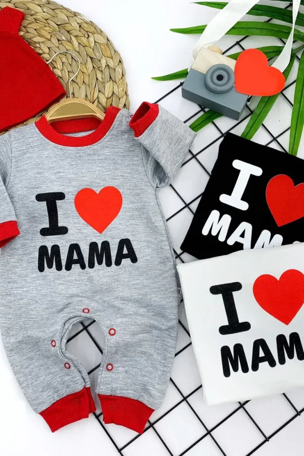 3-6-9-12 Ay Kulaklı Şapka I Love Mama Baskılı Kız Erkek Bebek Tulum Siyah