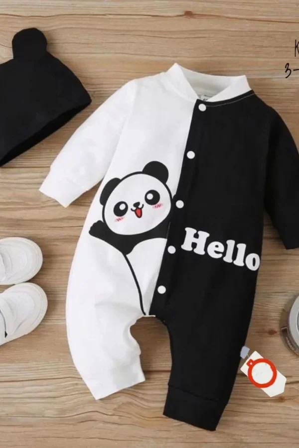 3-6-9-12 Ay Kulaklı Şapkalı Hello Panda Baskılı Çıtçıt Kapama Kız Erkek Bebek Tulumu(ayakkabısız) Siyah