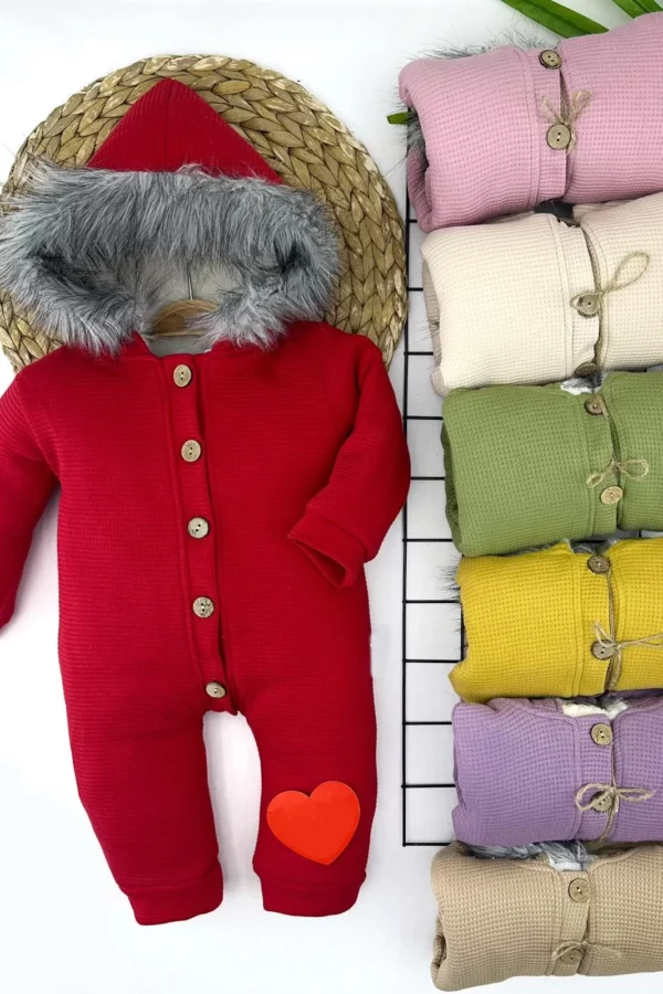 3-6-9-12 Ay Kürklü Kapşonlu Düğme Kapamalı Uzun Kollu Kız Erkek Bebek Tulumu Pembe